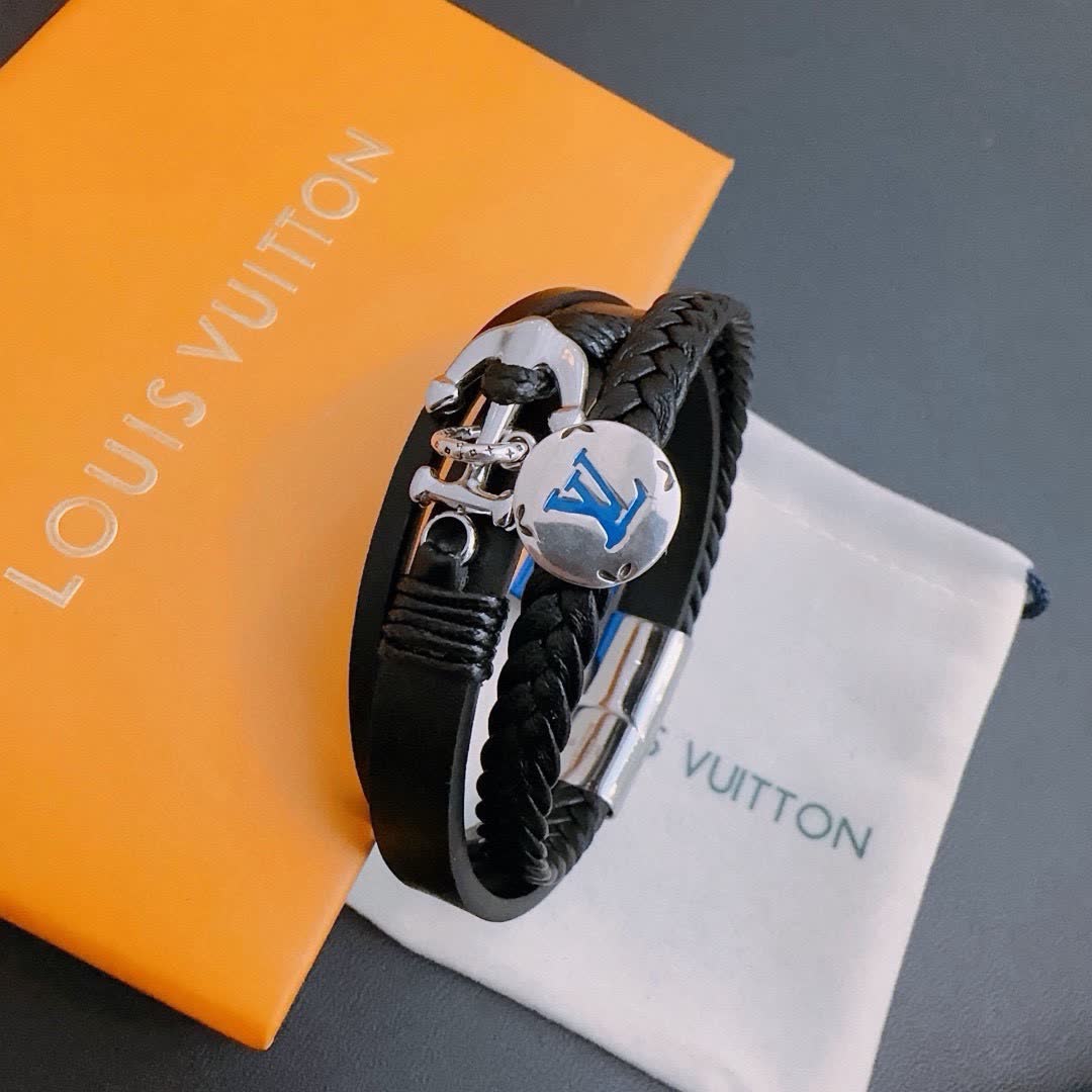Louis Vuitton Black Leather Bracelet with Anchor Charm